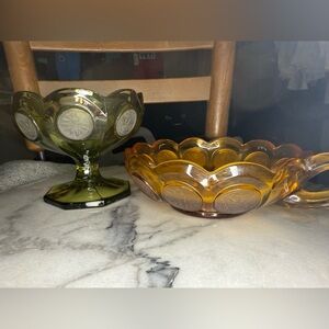 Vintage Fostoria Green and Amber Glass Compote Coin Bowls - Decorative  Accent